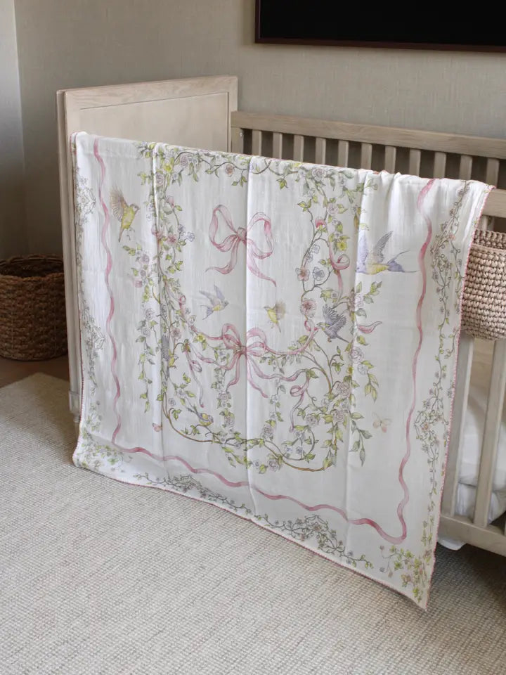 Rose Ribbon Garden Organic Cotton Muslin Blanket