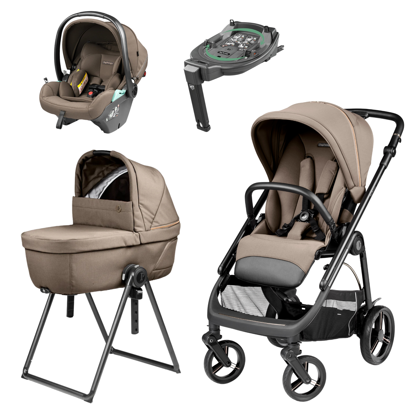 Beige and black peg perego veloce lite travel system with convertible stroller bassinet and car seat in pine bark