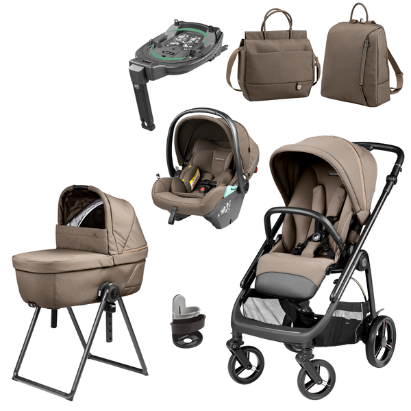 Beige and black convertible stroller with sleek modern design in peg perego veloce deluxe travel system pine bark bundle