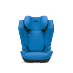 Recaro AXION 1 in Calm Blue, front view with padded side wings and green belt guides.