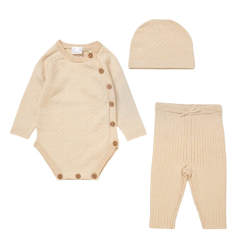 Baby Beige Knitted 3 piece Outfit Set