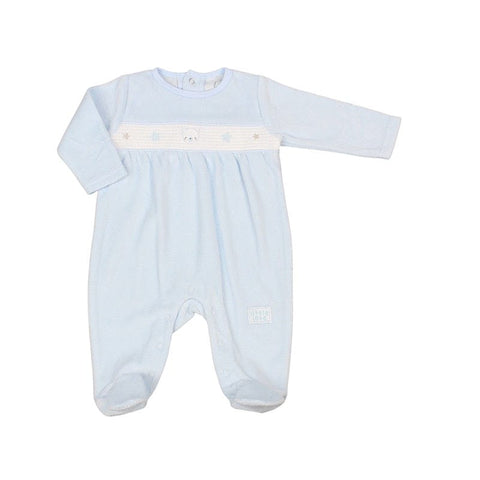 Baby Blue Bear Star Smocked Velour Sleepsuit