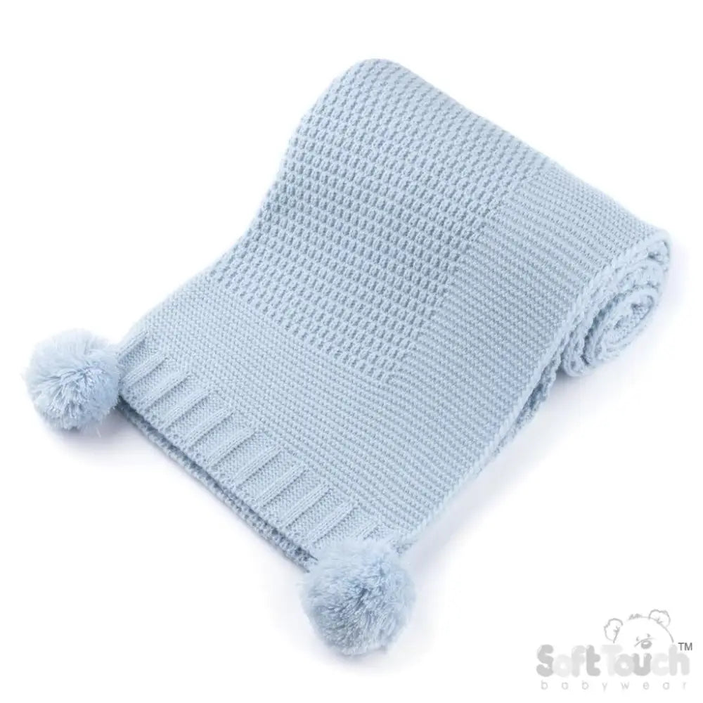 Baby Blue Ribbed Baby Blanket with Pom Poms soft touch