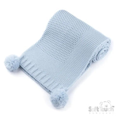 Baby Blue Ribbed Baby Blanket with Pom Poms