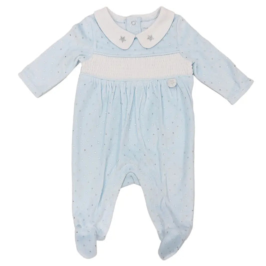 Baby Blue & Silver Polka Dot Velour Baby Sleepsuit General rock a bye baby