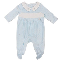 Baby Blue & Silver Polka Dot Velour Baby Sleepsuit
