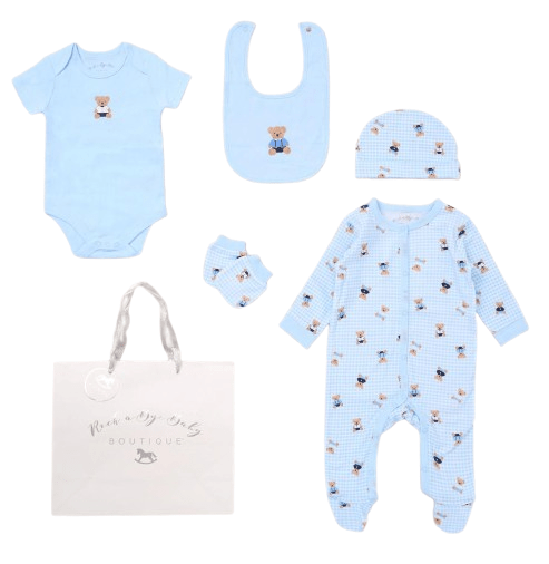 Baby Boys 5-Piece Set – Gingham Teddy Bear Design rock a bye baby