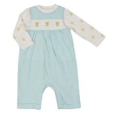 Baby Boys Blue and White Smocked Bear Romper