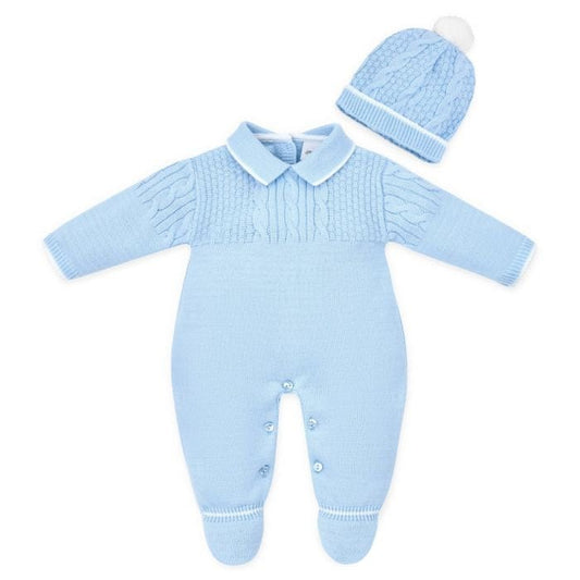 Baby Boys Blue Knitted Cable Knit Romper and Hat Set General Dandelion Baby Wear   