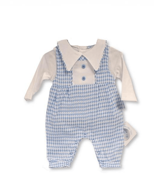 Baby Boys Blue & White Dogtooth Long Leg Dungaree Set General My Little Chick   