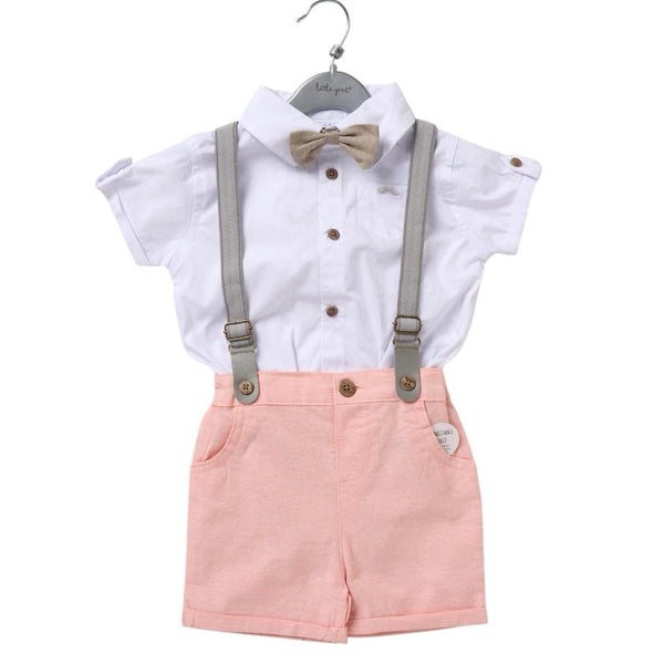Baby Boys Blush & Grey Suspender Bow Outfit General Little Gent