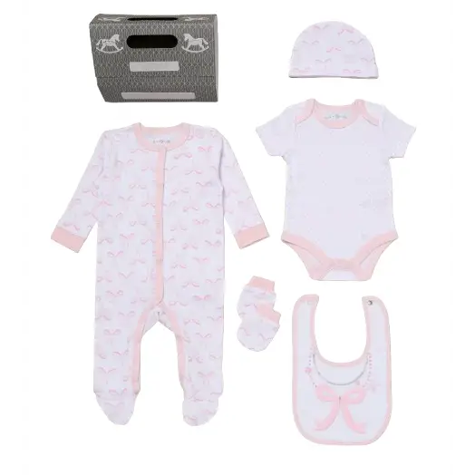 Baby Girls 5-Piece Bow Layette Set — White & Pink