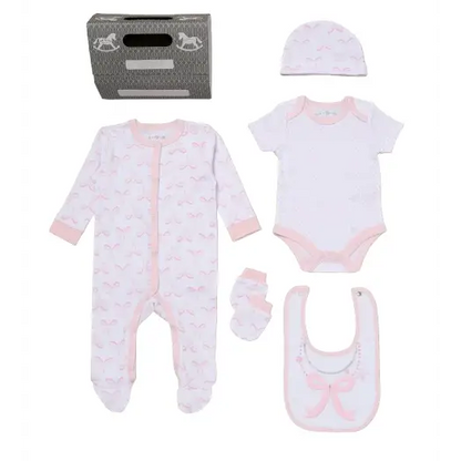 Baby Girls 5-Piece Bow Layette Set — White & Pink