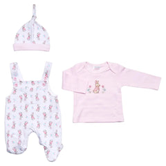 Baby Girls Bunny Dungarees Set in white and Pink