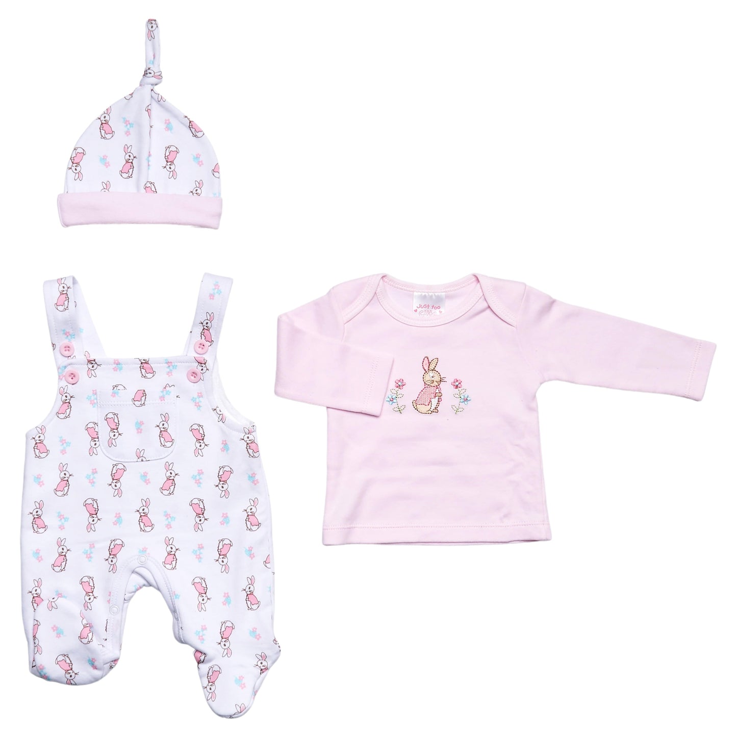Baby Girls Bunny Dungarees Set in white and Pink General Just Too Cute
