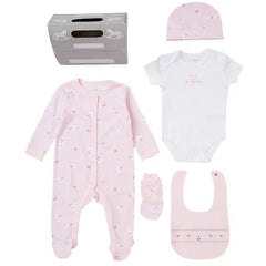 Baby Girls Ivory Pink Bunny 5PC Layette Set