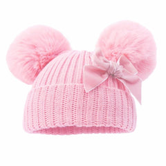 Baby Girls Pink Velvet Double Pom Pom Hat