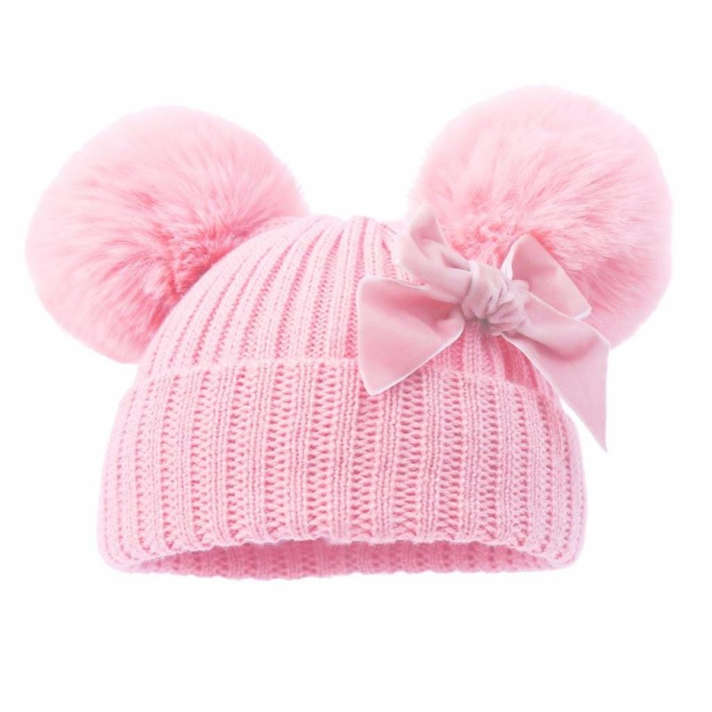 Baby Girls Pink Velvet Double Pom Pom Hat General soft touch   