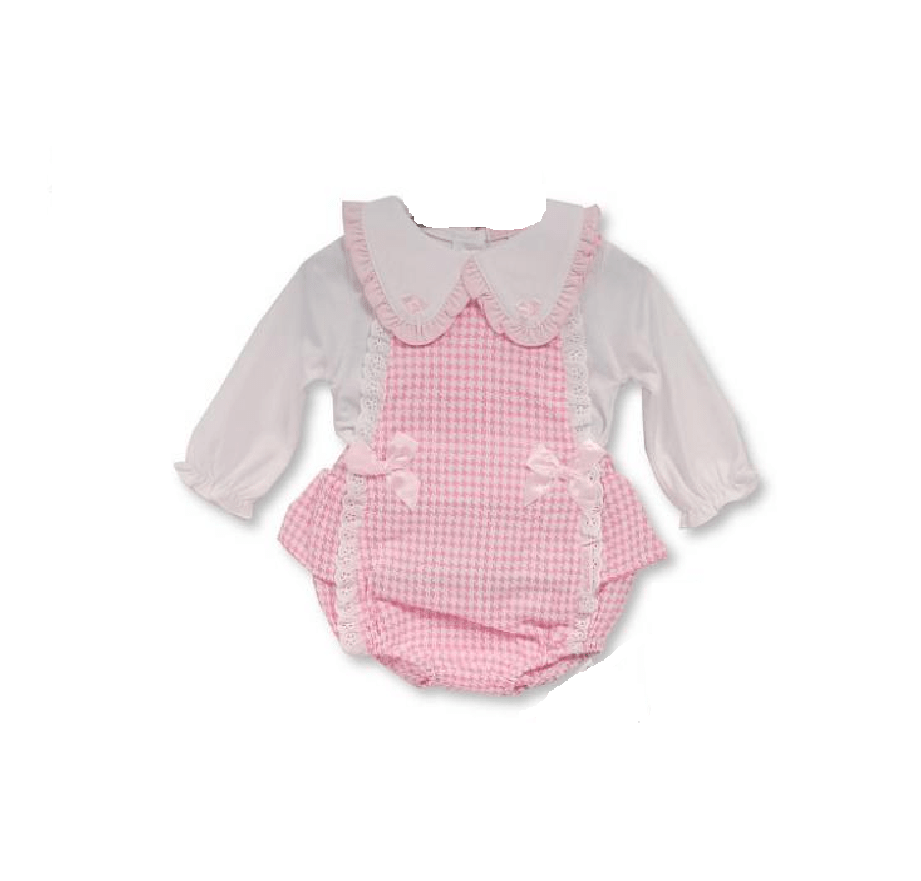 Baby Girls Pink & White Dogtooth Lace Dungaree Set General My Little Chick   