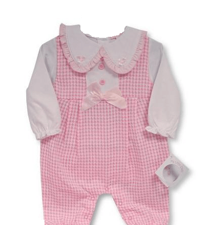 Baby Girls Pink & White Dogtooth Lace Long Leg Dungaree Set General My Little Chick   