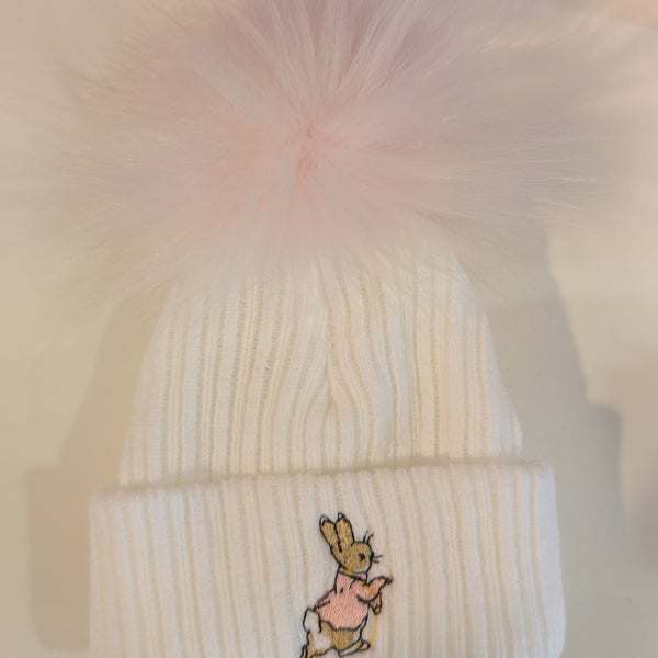 Baby Girls Rabbit Pom Hat - White & Pink dandelion