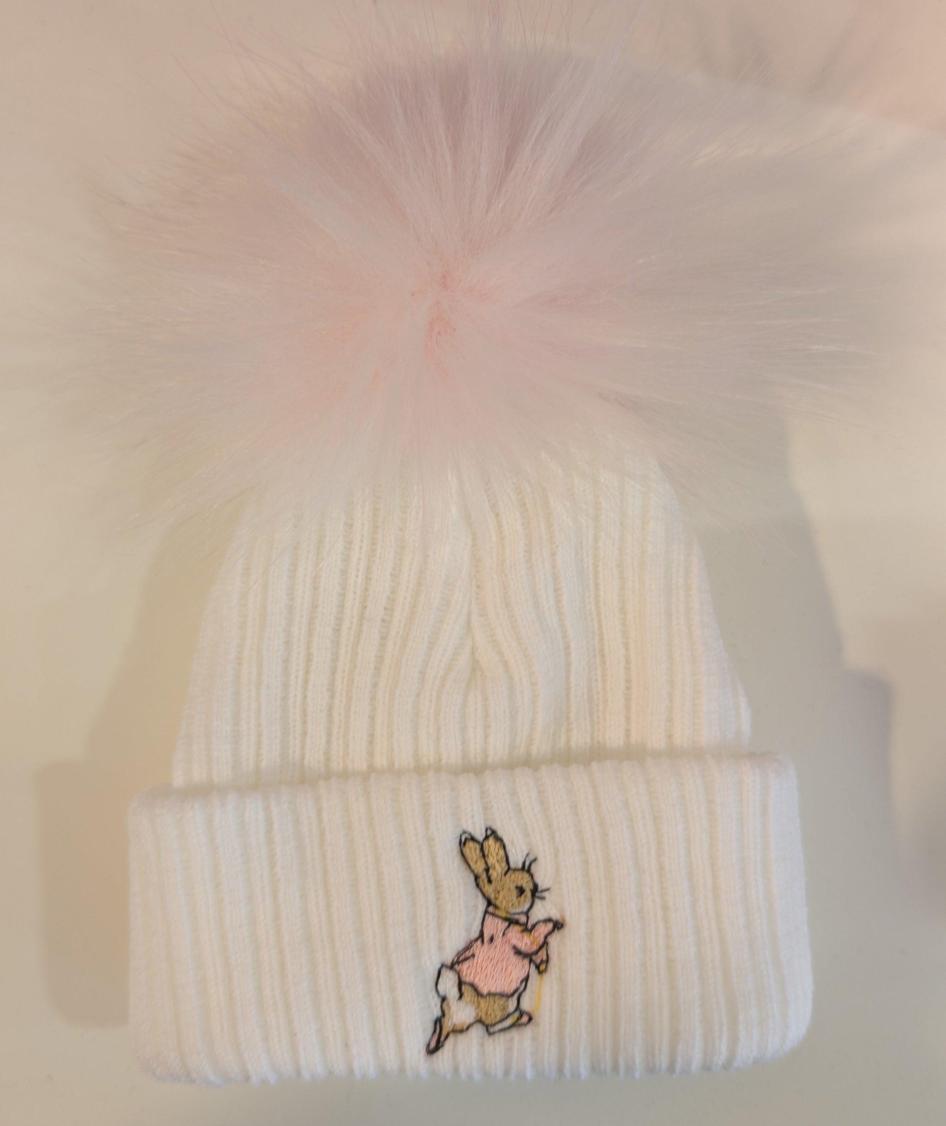 Baby Girls Rabbit Pom Hat - White & Pink dandelion