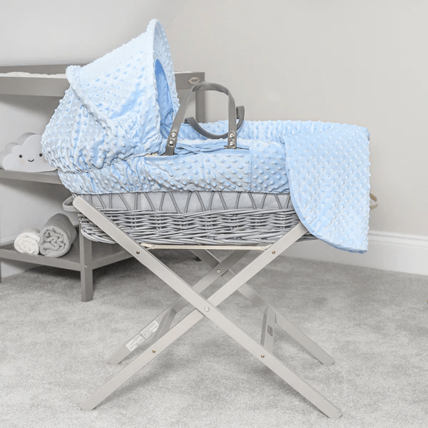 Baby Grey Wicker Moses Basket in Blue Dimple By Clair De Lune  Clair De Lune   