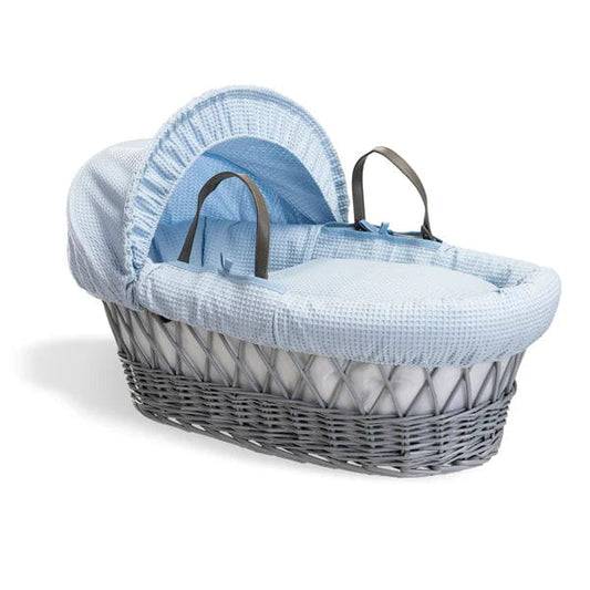 Baby Grey Wicker Moses Basket in Blue Waffle By Clair De Lune  Clair De Lune   