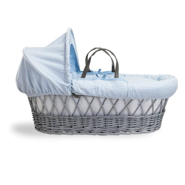 Baby Grey Wicker Moses Basket in Blue Waffle By Clair De Lune  Clair De Lune   