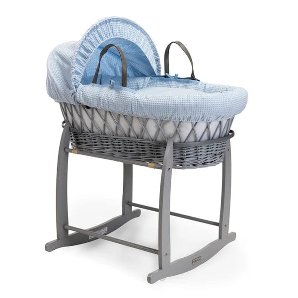 Grey Wicker Baby Moses Basket with Blue Waffle Bedding Baby Boutique UK