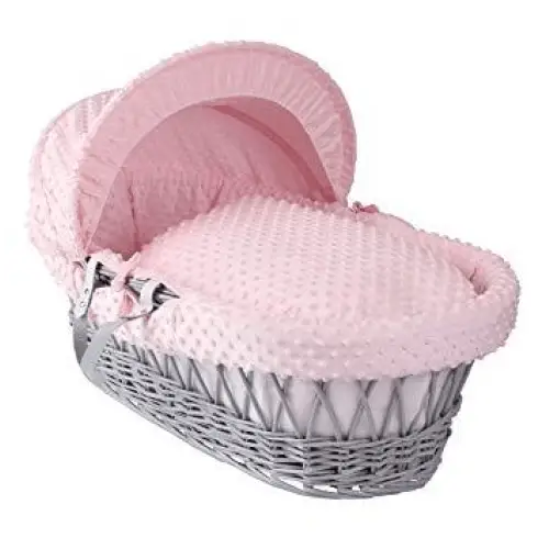 Baby Grey Wicker Moses Basket in Pink Dimple By Clair De Lune  Clair De Lune   