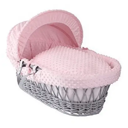 Baby Grey Wicker Moses Basket in Pink Dimple By Clair De Lune  Clair De Lune   