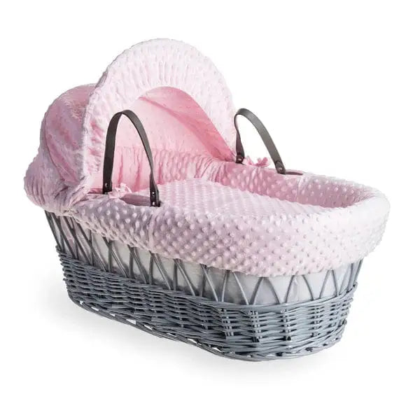 Baby Grey Wicker Moses Basket in Pink Dimple By Clair De Lune  Clair De Lune   