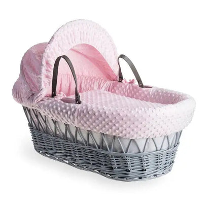 Baby Grey Wicker Moses Basket in Pink Dimple By Clair De Lune  Clair De Lune   