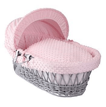 Baby Grey Wicker Moses Basket in Pink Dimple By Clair De Lune  Clair De Lune   