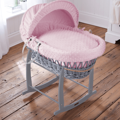 Baby Grey Wicker Moses Basket in Pink Dimple By Clair De Lune  Clair De Lune   