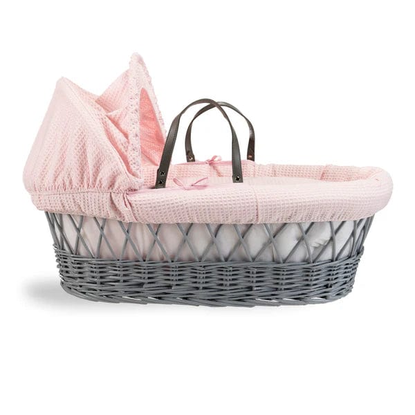 Baby Grey Wicker Moses Basket in Pink Waffle By Clair De Lune  Clair De Lune   