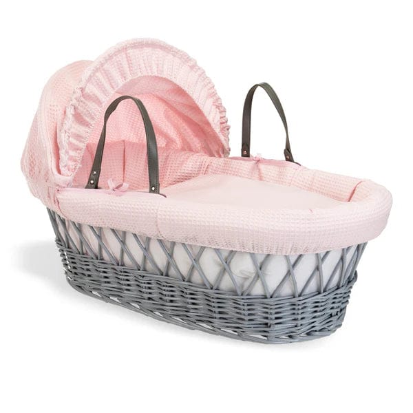 Baby Grey Wicker Moses Basket in Pink Waffle By Clair De Lune  Clair De Lune   