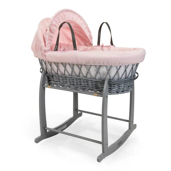 Baby Grey Wicker Moses Basket in Pink Waffle By Clair De Lune  Clair De Lune   