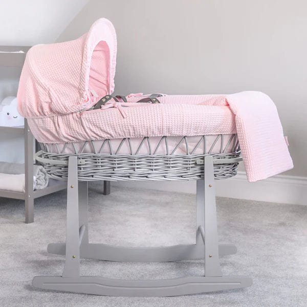 Baby Grey Wicker Moses Basket in Pink Waffle By Clair De Lune  Clair De Lune   