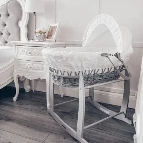Baby Grey Wicker Moses Basket in White Waffle By Clair De Lune  Clair De Lune   