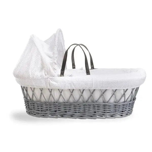 Baby Grey Wicker Moses Basket in White Waffle By Clair De Lune  Clair De Lune   