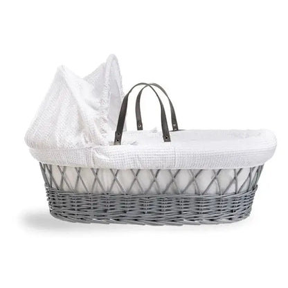 Baby Grey Wicker Moses Basket in White Waffle By Clair De Lune  Clair De Lune   