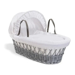 Baby Grey Wicker Moses Basket in White Waffle By Clair De Lune