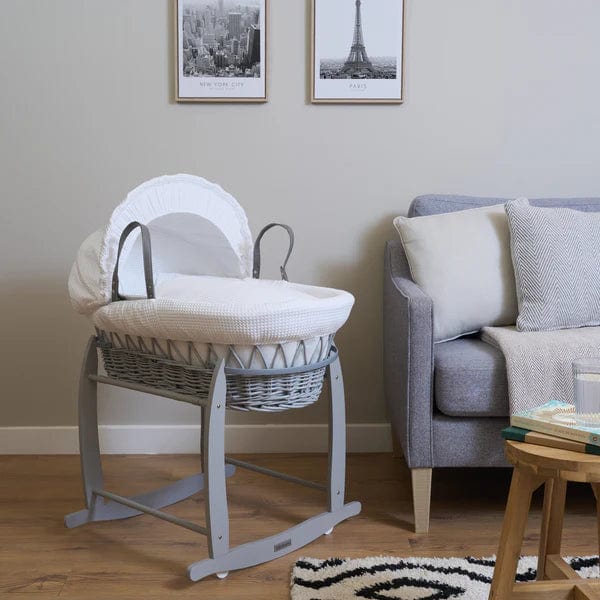 Baby Grey Wicker Moses Basket in White Waffle By Clair De Lune  Clair De Lune   