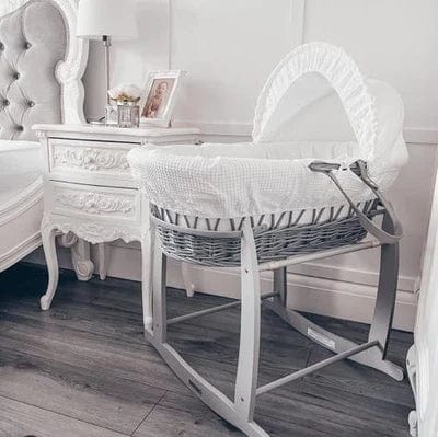 Baby Grey Wicker Moses Basket in White Waffle By Clair De Lune  Clair De Lune   