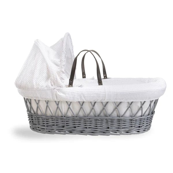 Baby Grey Wicker Moses Basket in White Waffle By Clair De Lune  Clair De Lune   