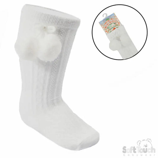Baby Knee High Pom Pom Socks - White General soft touch