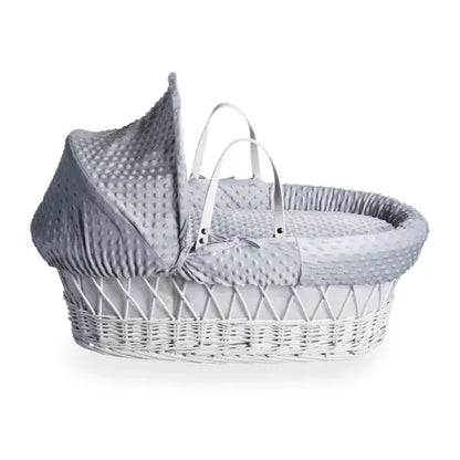 Baby Wicker Moses Basket in White Wicker and Grey Dimple bedding By Clair De Lune  Clair De Lune   