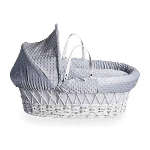 Baby Wicker Moses Basket in White Wicker and Grey Dimple bedding By Clair De Lune  Clair De Lune   